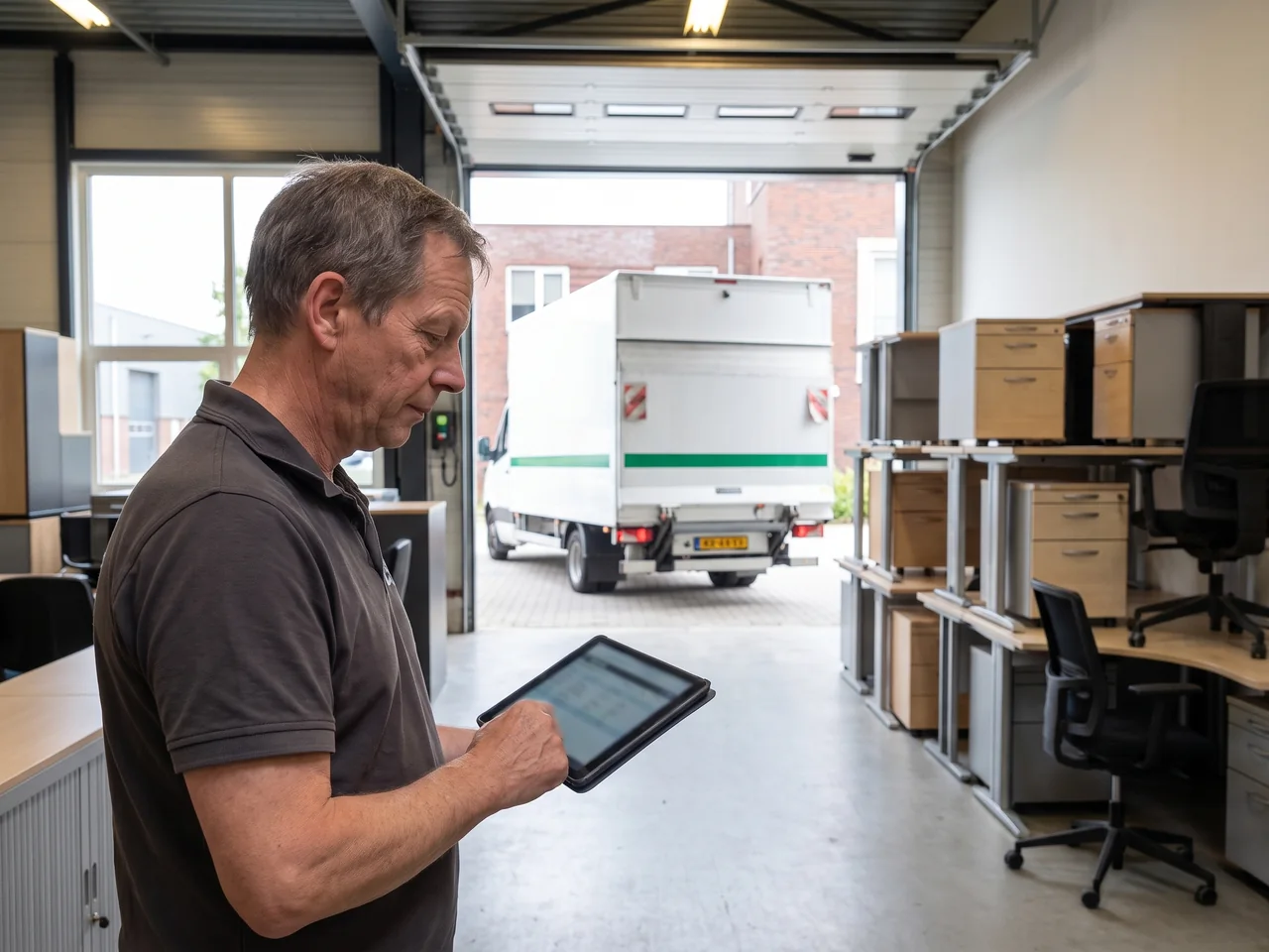 Medewerker van De Bresser werkt de meubellijst bij op een tablet in de hal, de vrachtwagen staat voor de open deur
