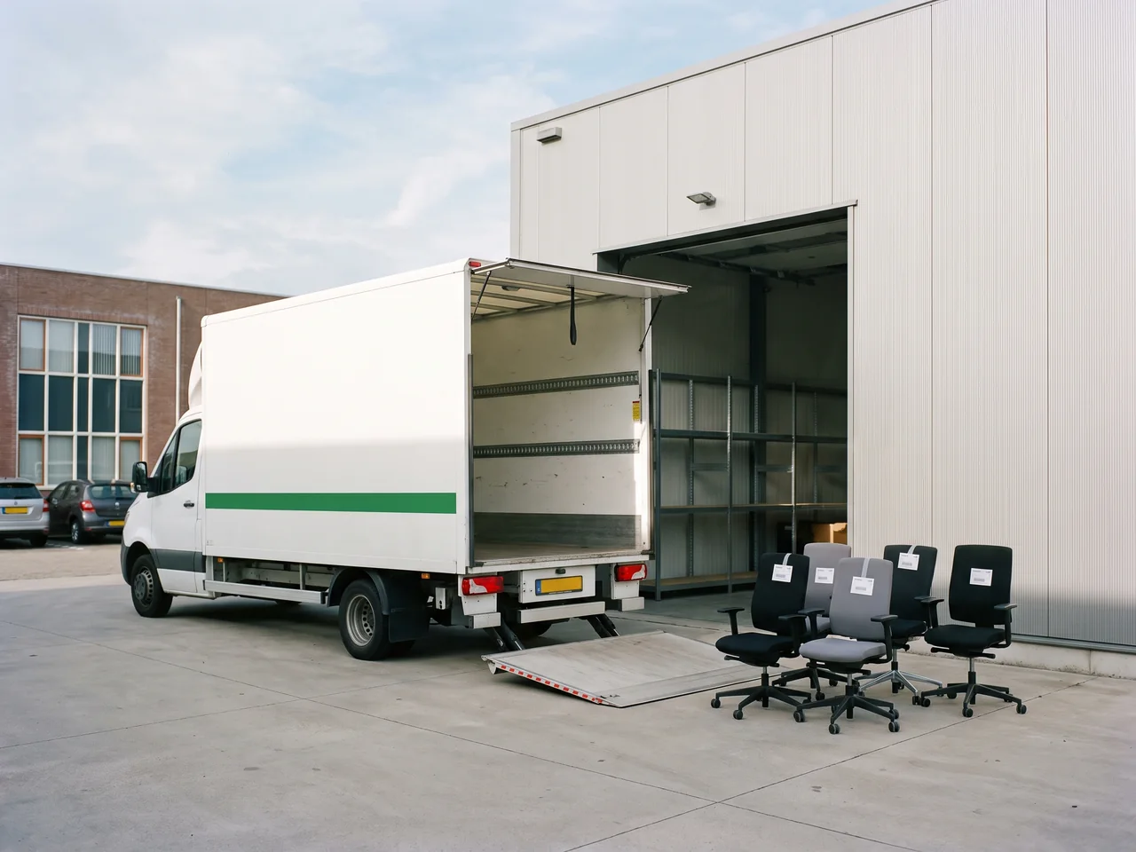 Vrachtwagen met de laadklep omlaag voor de opslaghal, gelabelde bureaustoelen staan klaar om geladen te worden