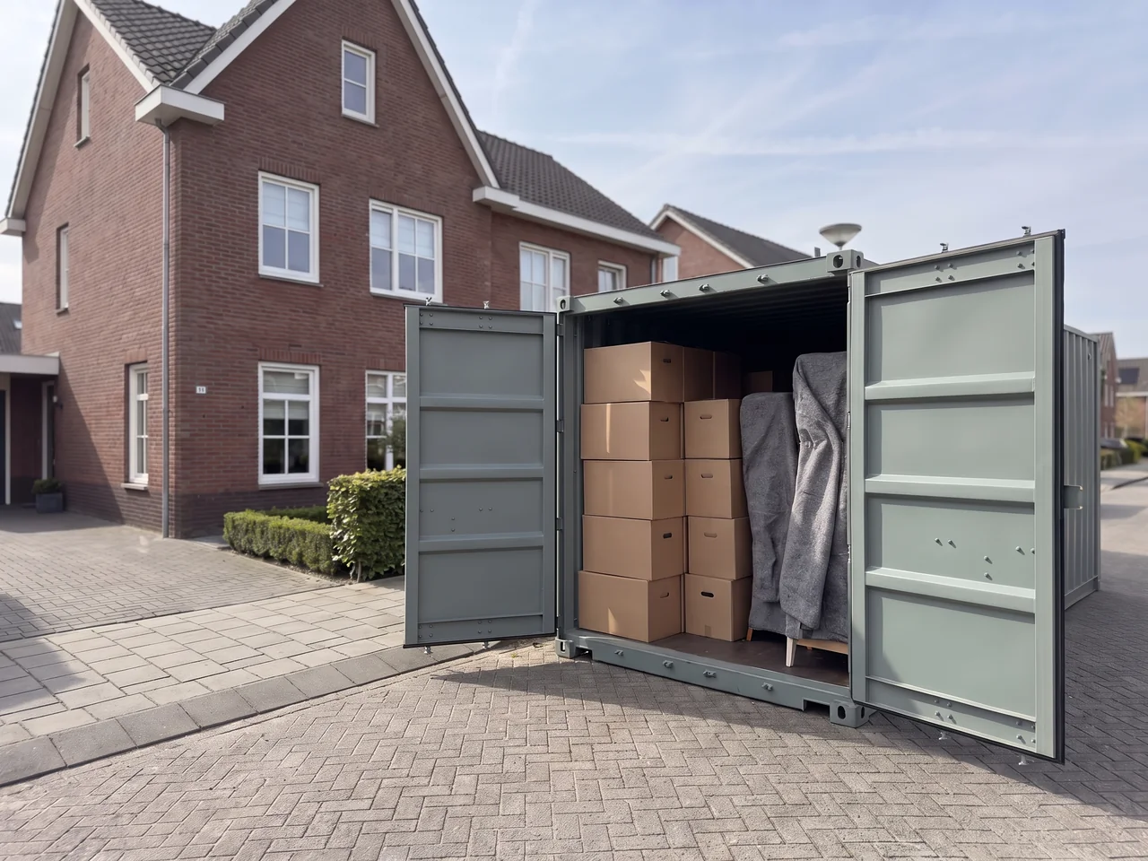 Opslagcontainer met open deuren op de oprit van een woning, gevuld met verhuisdozen en in dekens verpakte meubels
