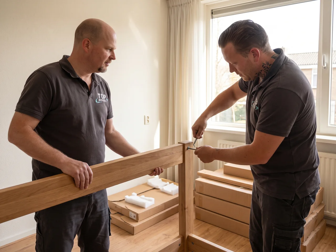 Twee verhuizers zetten een bed in elkaar, de verpakking ligt ernaast op de vloer