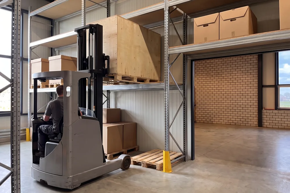 Reachtruck zet een houten opslagkist op een pallet in de stelling van een droge opslaghal
