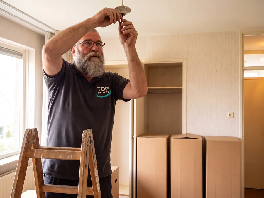 Verhuizer koppelt een lamp af in een woonkamer met lege kasten en dichte verhuisdozen