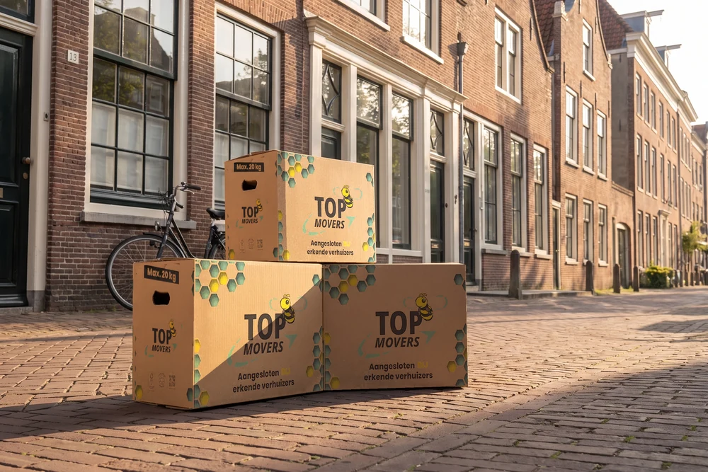 Top Movers-verhuisdozen op straat in een oude binnenstad