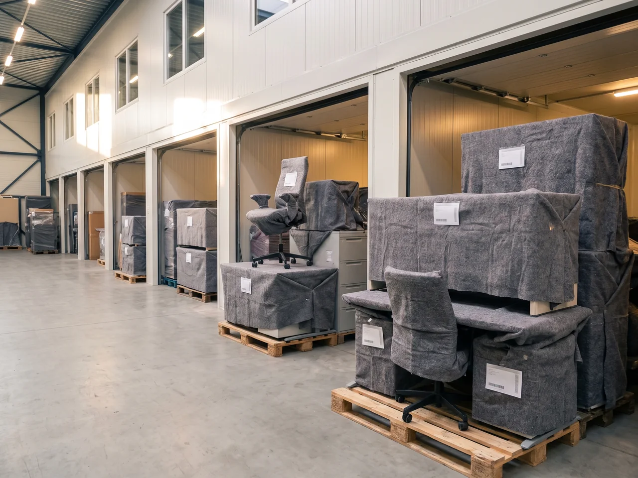 Kantoormeubilair onder grijze verhuisdekens op pallets in een lichte opslaghal, elk met een eigen label