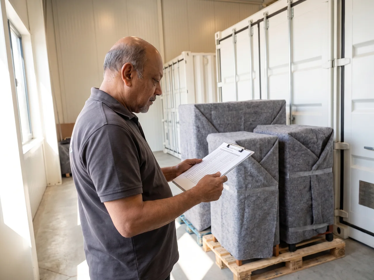 Medewerker van De Bresser vergelijkt een lijst op zijn klembord met het opgeslagen meubilair naast de opslagcontainers