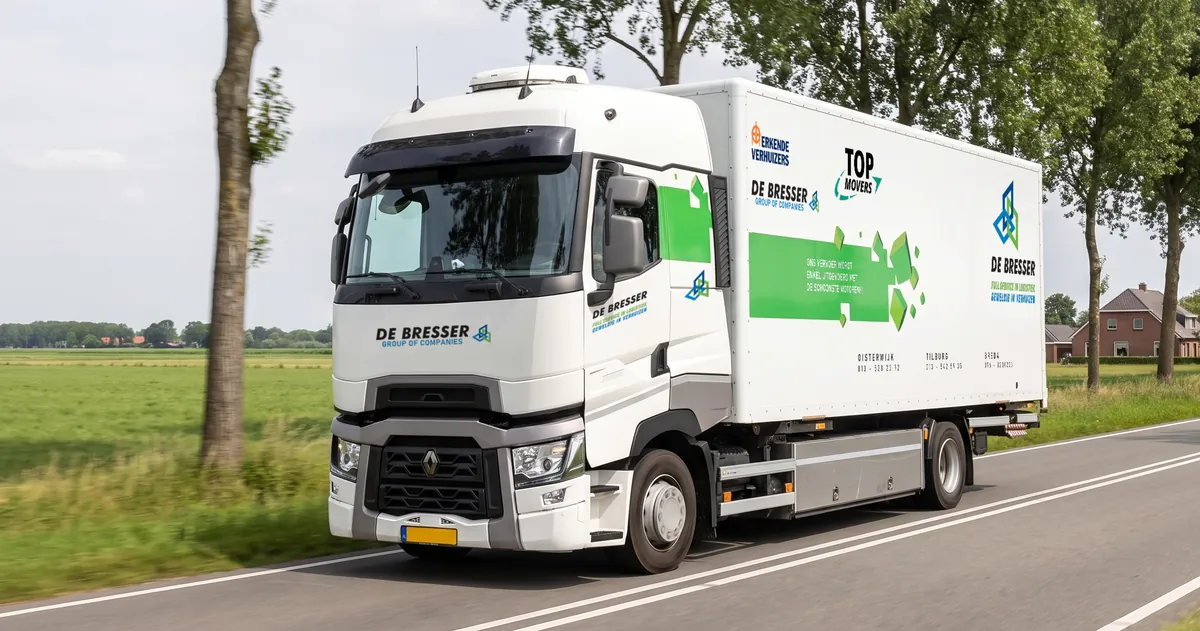 Vrachtwagen van De Bresser onderweg op een weg in Brabant